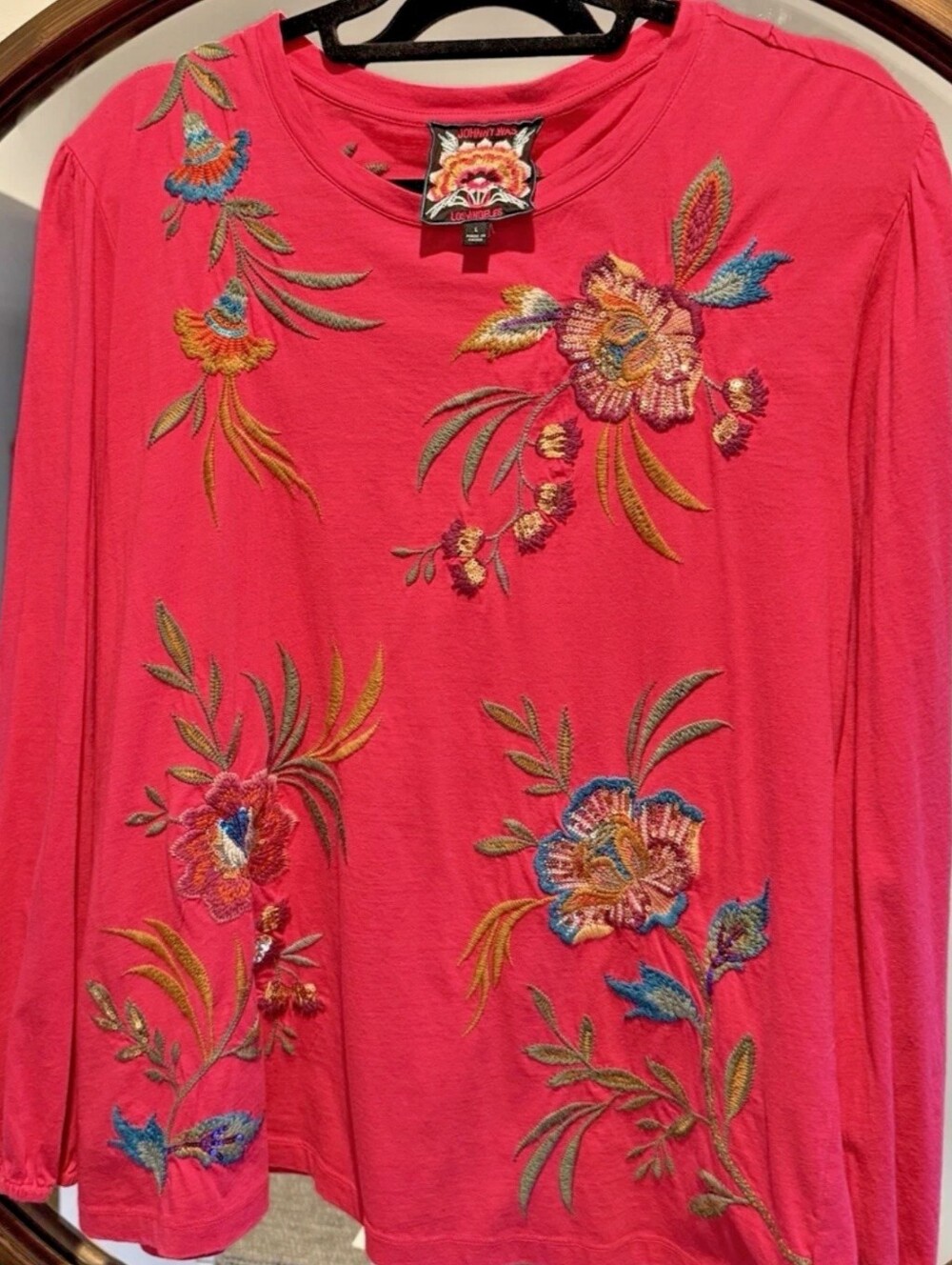 Johnny Was Sidonia Sequin Floral Embroidered Bishop Sleeve Tee Top Pink L
